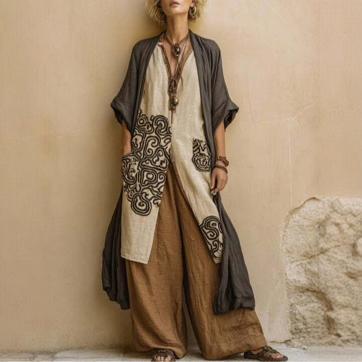 Conjunto Casual de Tres Piezas de Algodón y Lino para Vacaciones Primavera/Verano para Mujer