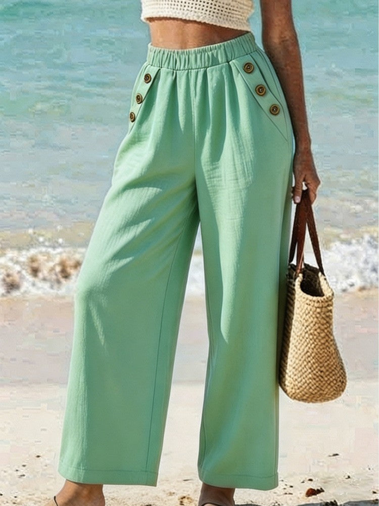 Casual High Waist Button Wide Leg Pants