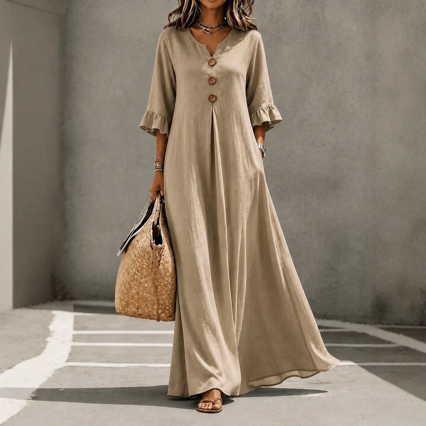 Vestido Maxi de Lino con Escote en V y Mangas con Volantes