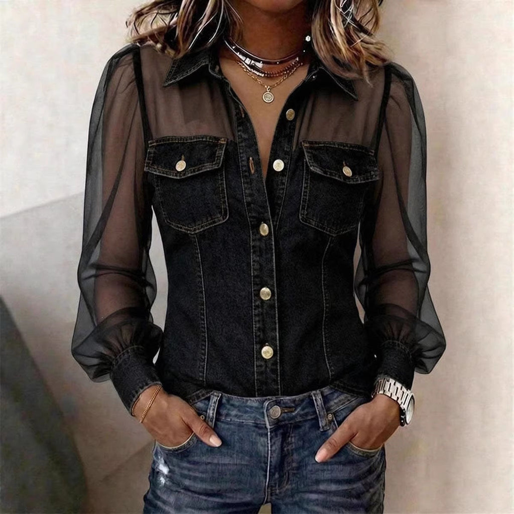 🍃 Blusa Casual de Manga Larga con Parche de Denim 🍂
