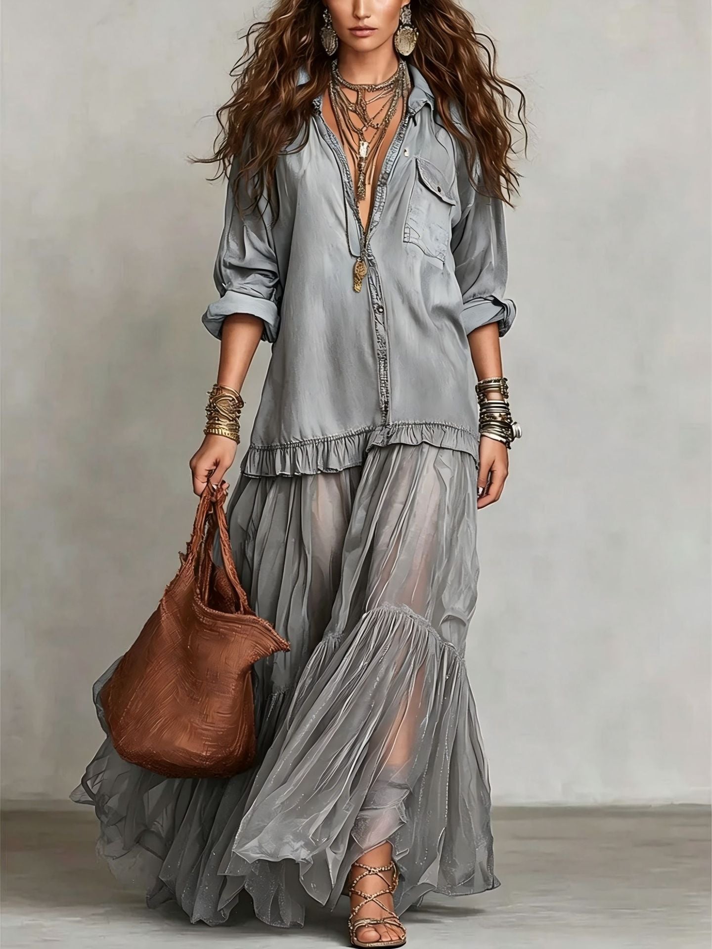Vestido Maxi Casual con Solapa Retro, Parche de Denim y Organza
