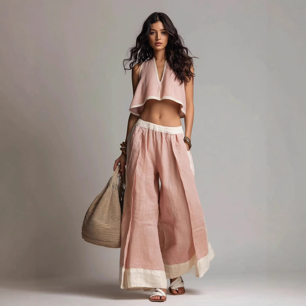 Conjunto de Dos Piezas sin Mangas con Escote en V – Outfit Casual en Color Liso