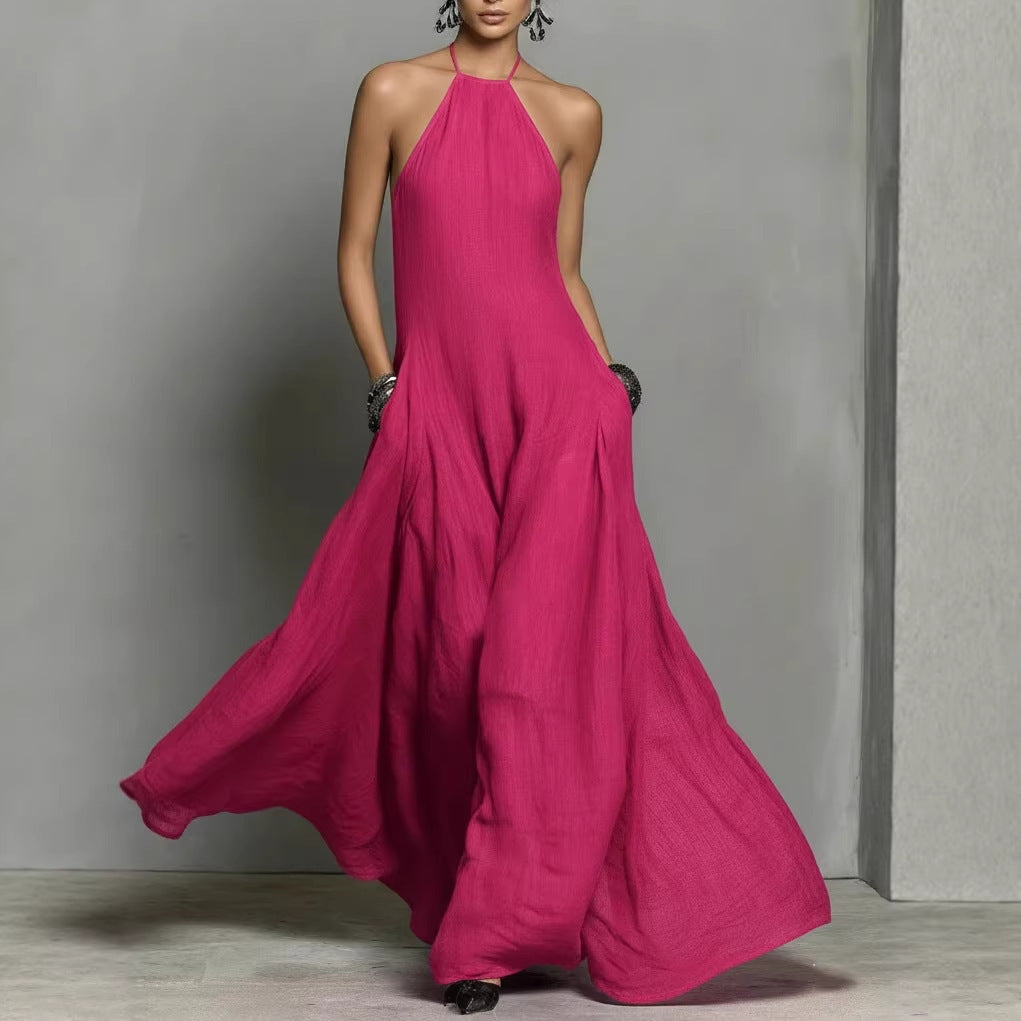 Vestido Largo sin Mangas de Mezcla de Algodón y Lino con Espalda Descubierta