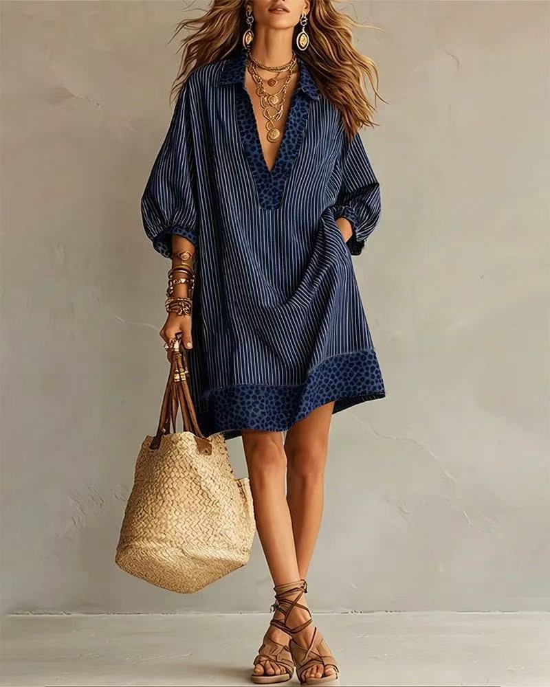 Minivestido Camisero Holgado de Rayas con Ribete de Leopardo