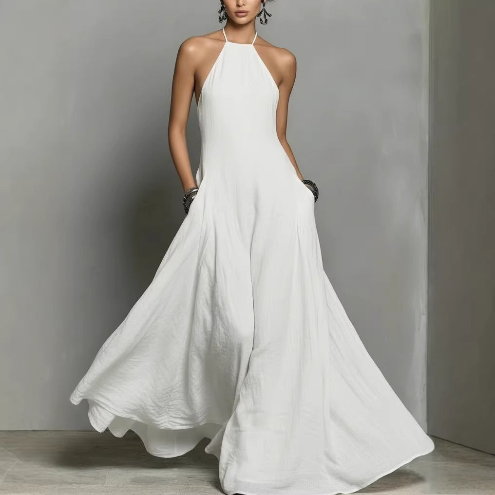 Vestido Largo sin Mangas de Mezcla de Algodón y Lino con Espalda Descubierta