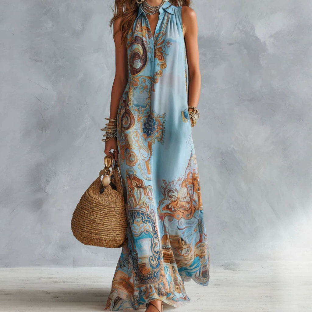 Vestido Maxi Camisero sin Mangas con Estampado Barroco Vintage