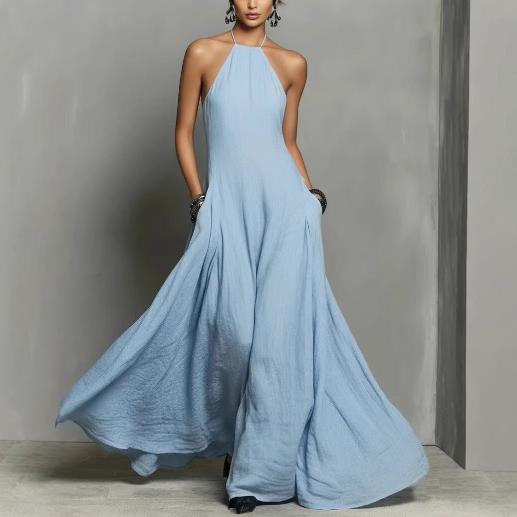Vestido Largo sin Mangas de Mezcla de Algodón y Lino con Espalda Descubierta