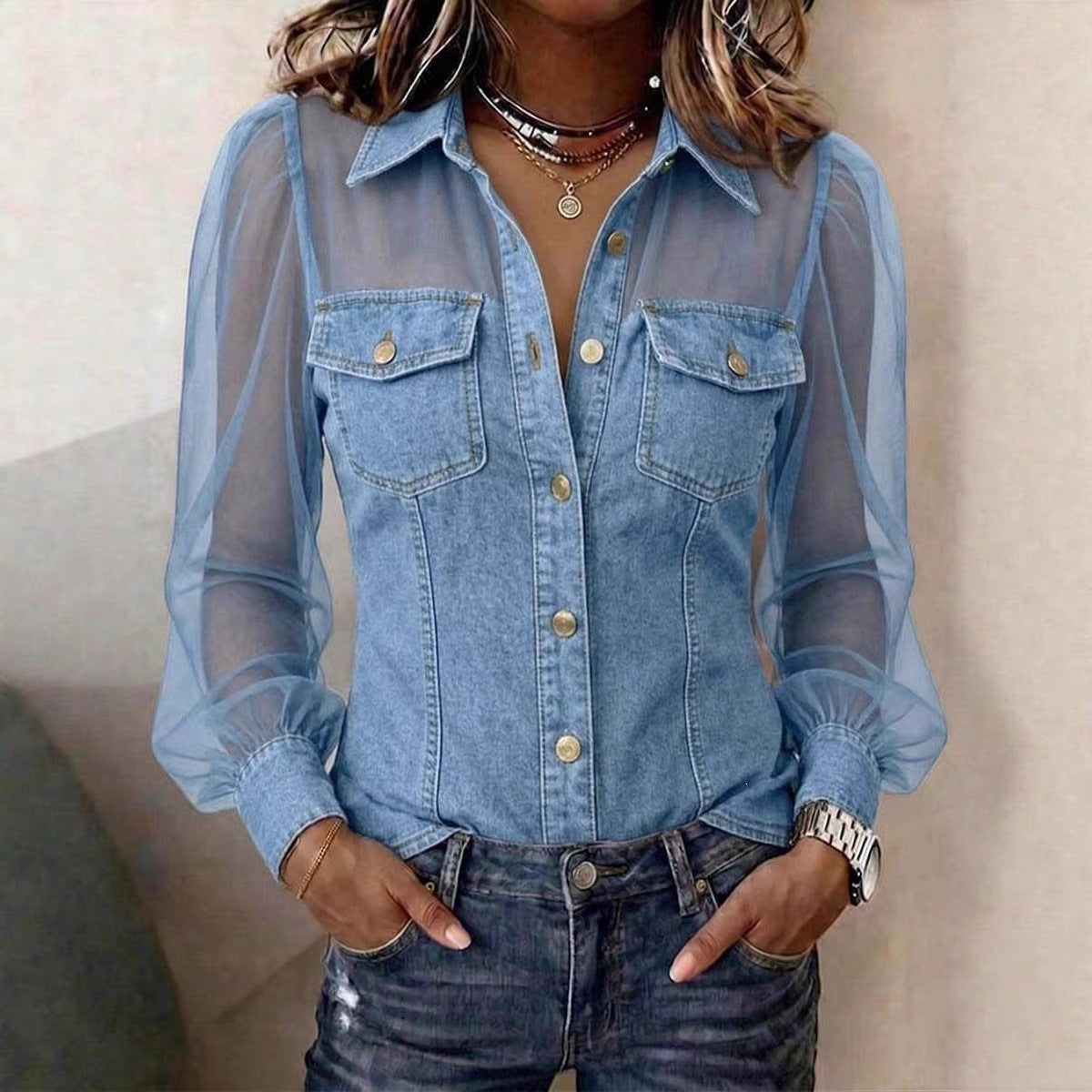 🍃 Blusa Casual de Manga Larga con Parche de Denim 🍂