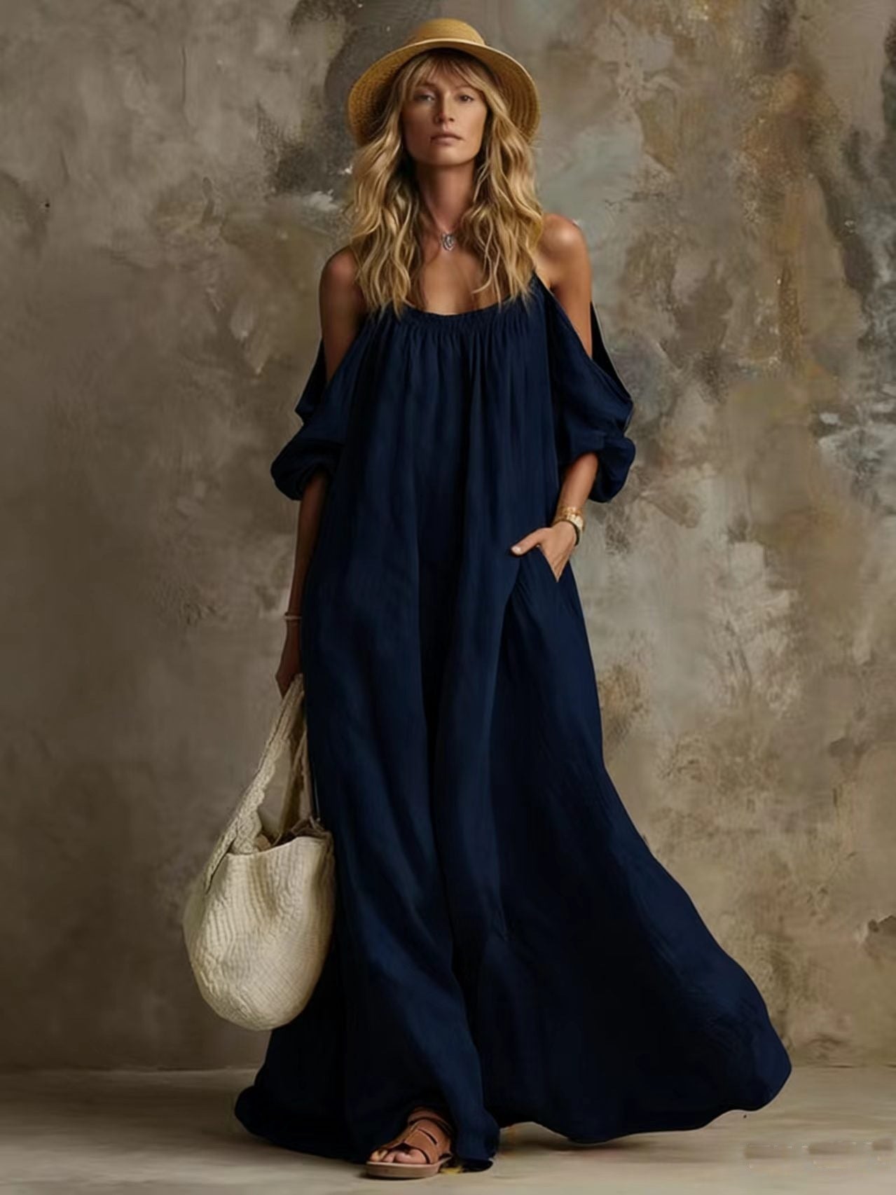 Vestido Caftán Maxi Largo con Hombros Descubiertos, Mangas Abullonadas y Bolsillos