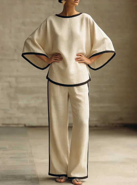 Conjunto de Dos Piezas Elegante de Algodón y Lino con Cuello Redondo y Mangas Murciélago para Mujer