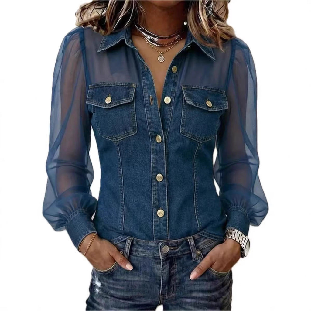 🍃 Blusa Casual de Manga Larga con Parche de Denim 🍂