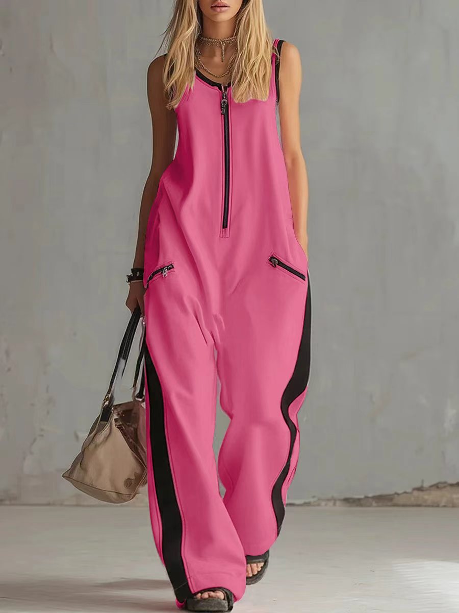 Mono sin Mangas de Color en Contraste para Mujer - Pierna Ancha Deportiva con Detalle de Cremallera (S-2XL)