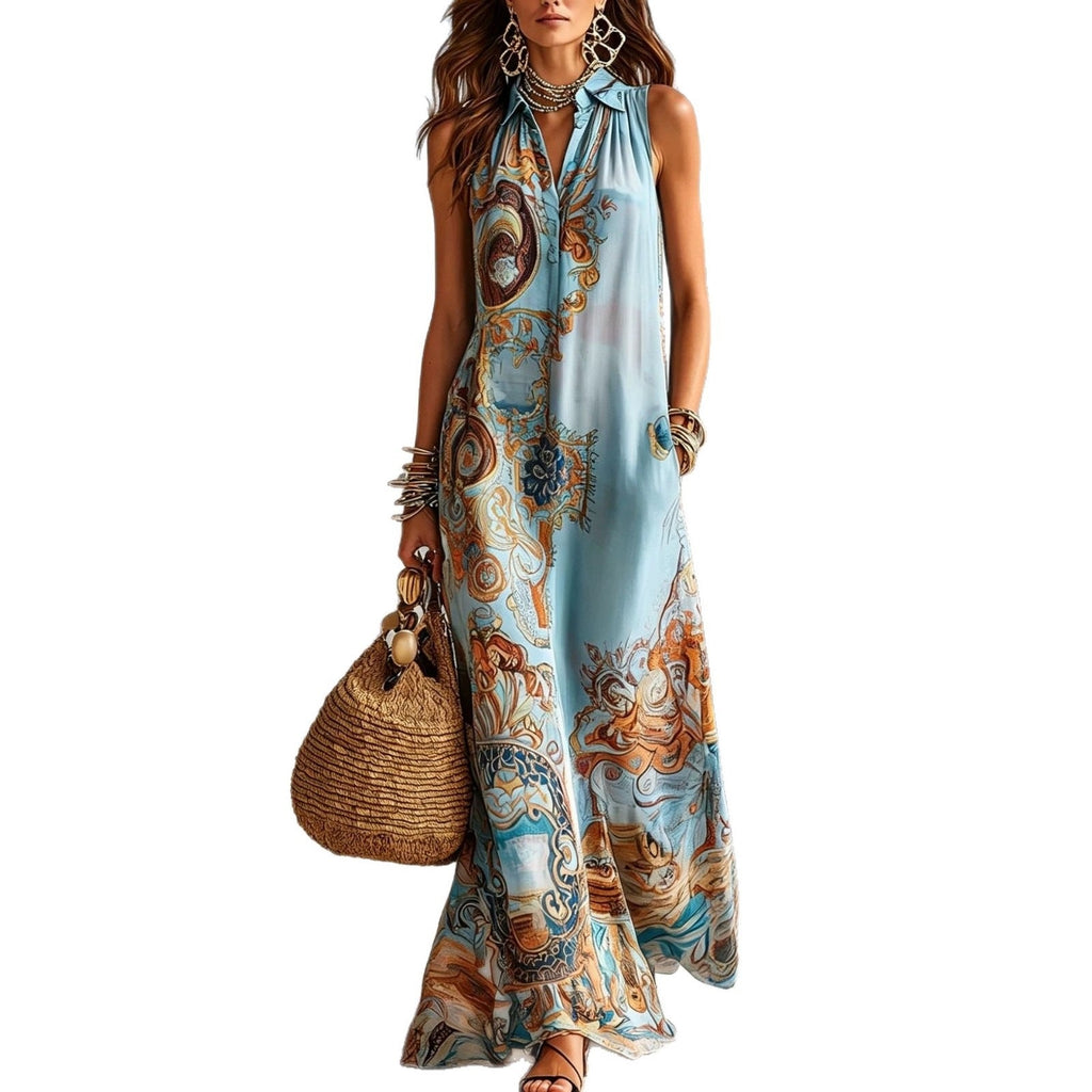 Vestido Maxi Camisero sin Mangas con Estampado Barroco Vintage