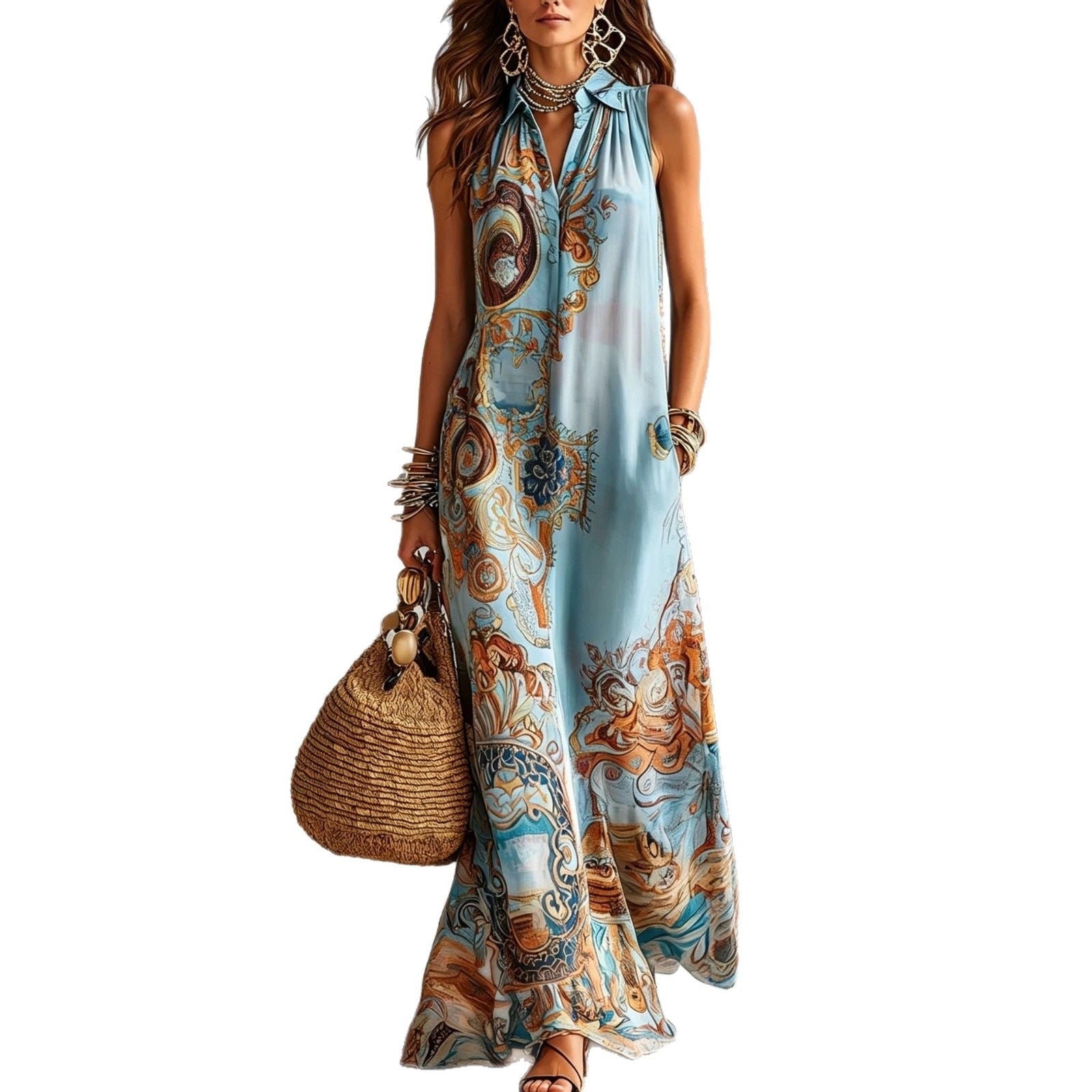 Vestido Maxi Camisero sin Mangas con Estampado Barroco Vintage