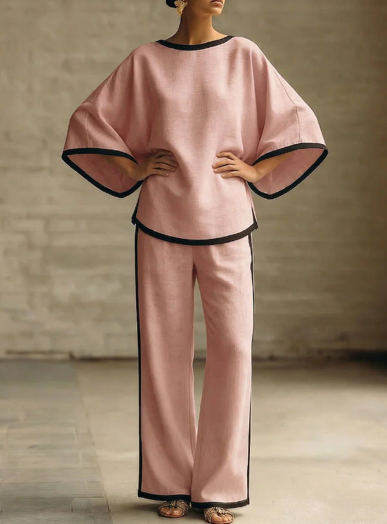 Conjunto de Dos Piezas Elegante de Algodón y Lino con Cuello Redondo y Mangas Murciélago para Mujer