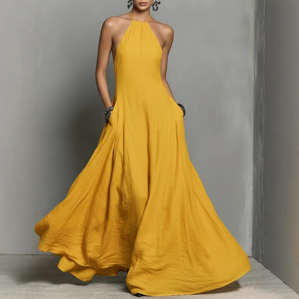 Vestido Largo sin Mangas de Mezcla de Algodón y Lino con Espalda Descubierta
