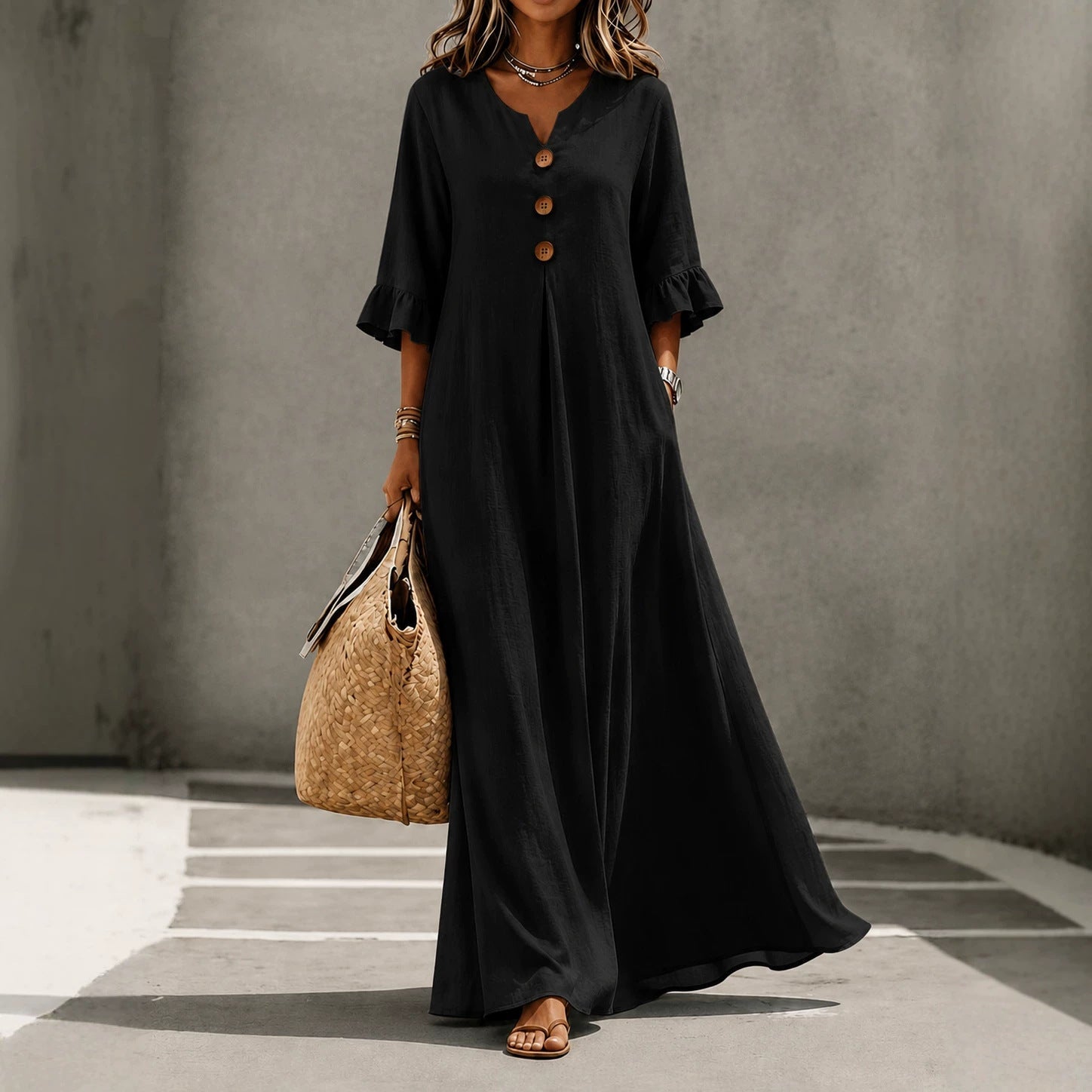 Vestido Maxi de Lino con Escote en V y Mangas con Volantes
