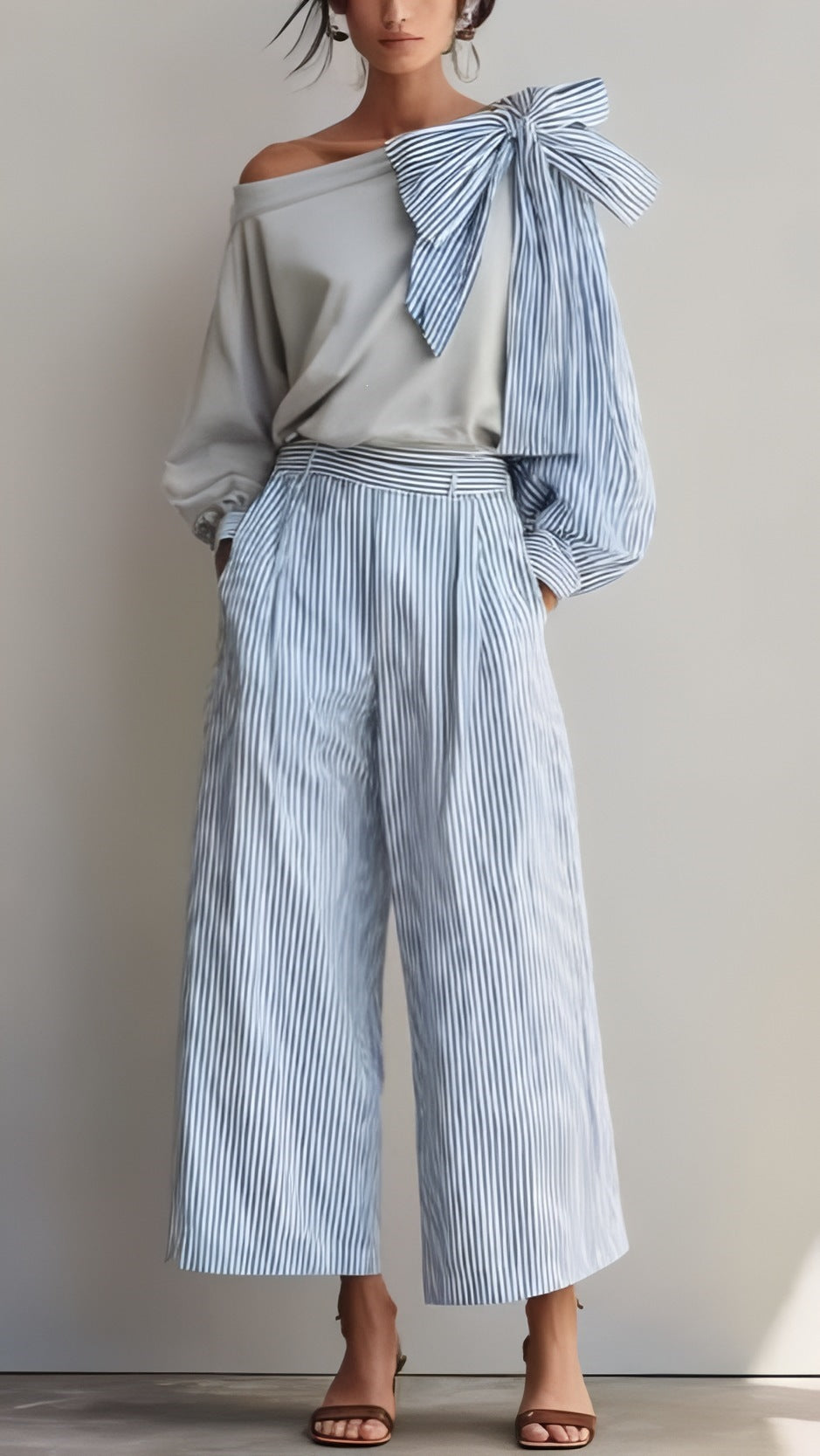 Conjunto Elegante Casual de Pantalón Recto a Rayas para Mujer