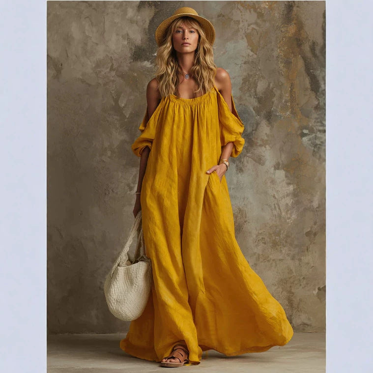 Vestido Caftán Maxi Largo con Hombros Descubiertos, Mangas Abullonadas y Bolsillos