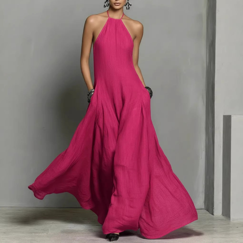 Vestido Largo sin Mangas de Mezcla de Algodón y Lino con Espalda Descubierta
