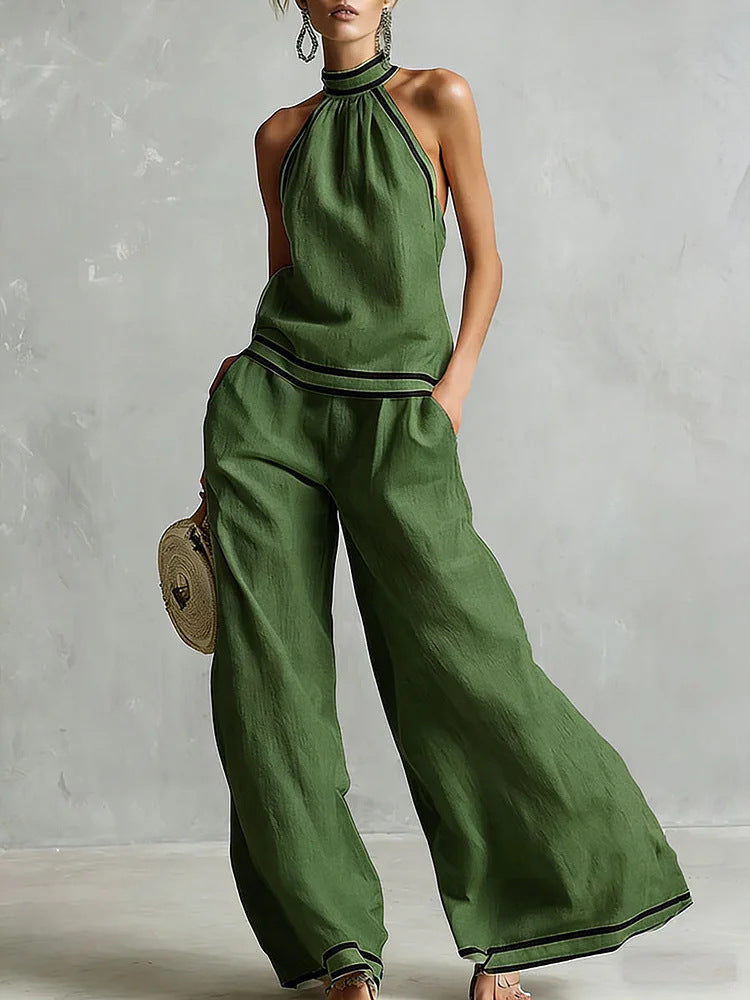 Conjunto de Pantalón Ancho sin Mangas con Cuello Halter para Mujer
