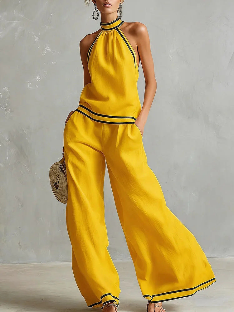 Conjunto de Pantalón Ancho sin Mangas con Cuello Halter para Mujer