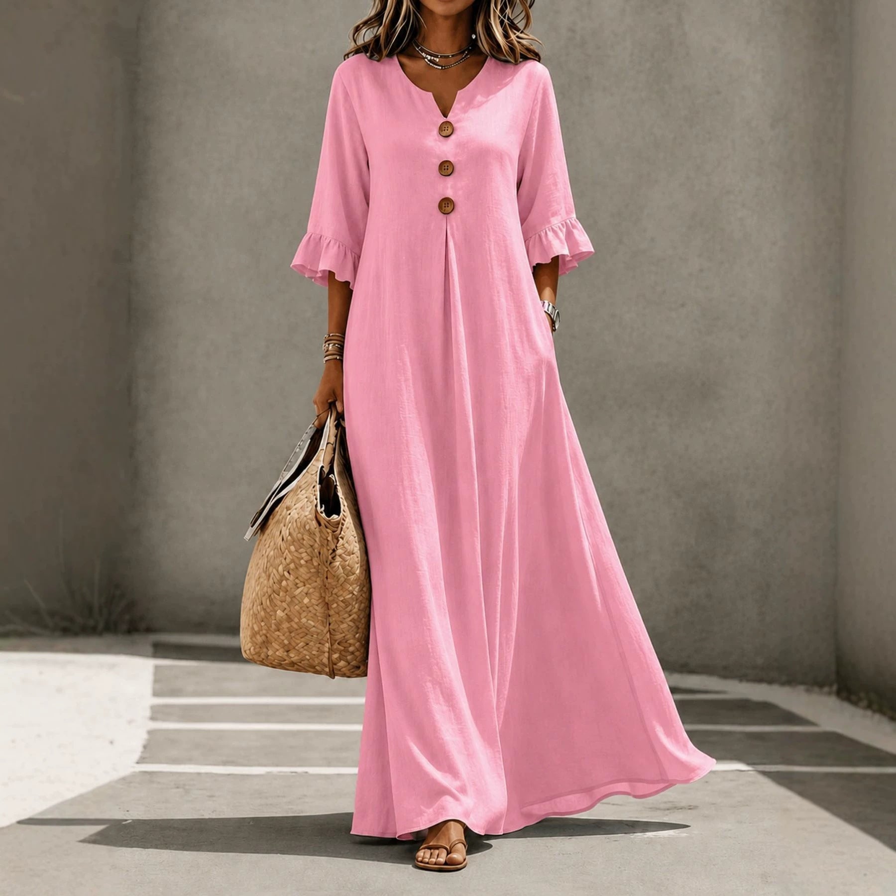 Vestido Maxi de Lino con Escote en V y Mangas con Volantes