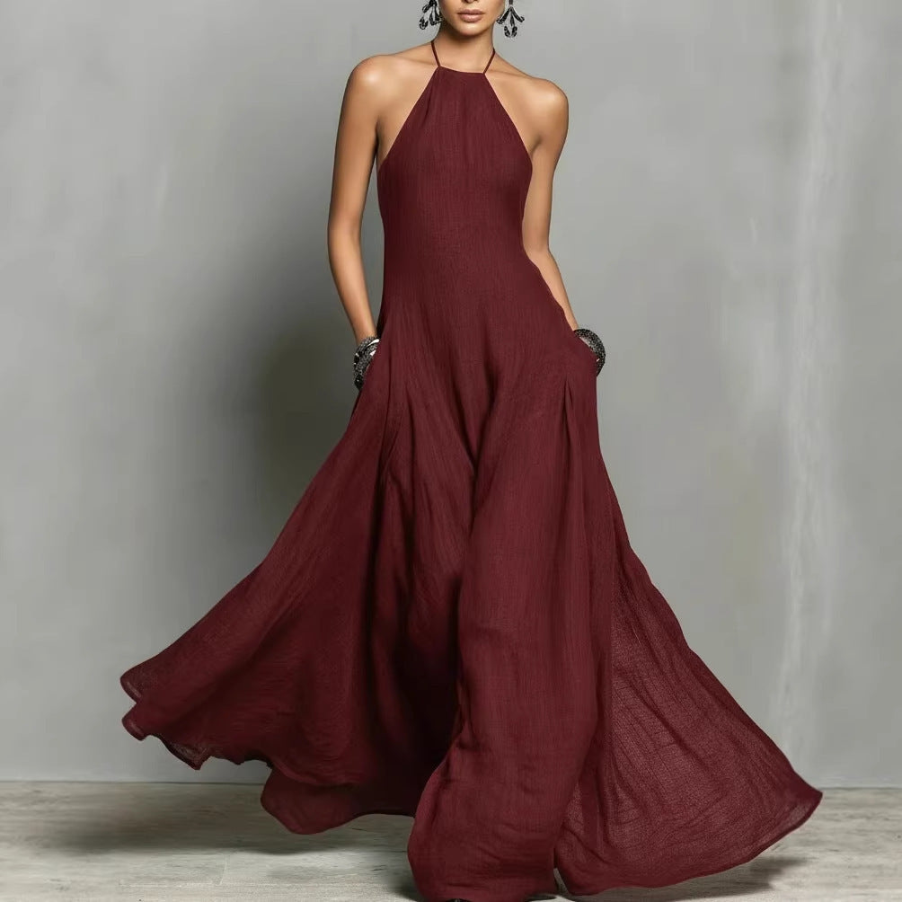 Vestido Largo sin Mangas de Mezcla de Algodón y Lino con Espalda Descubierta