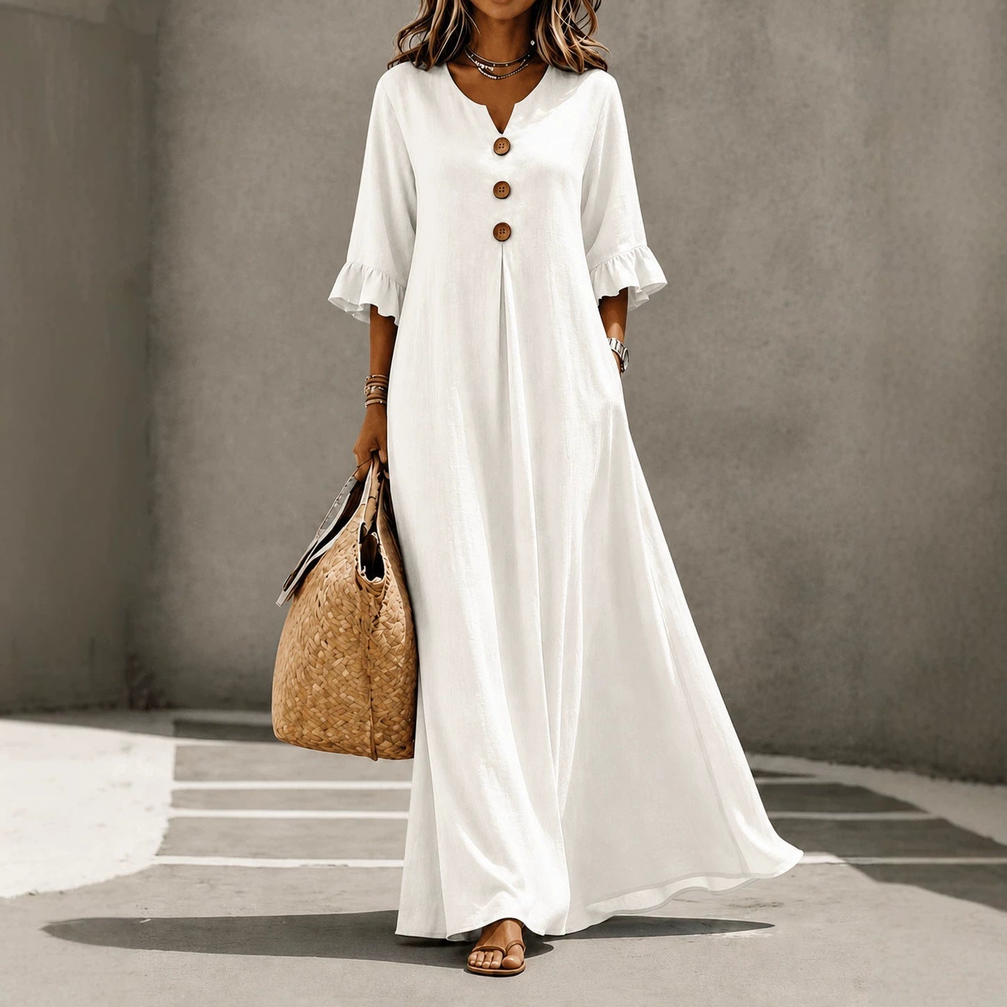 Vestido Maxi de Lino con Escote en V y Mangas con Volantes