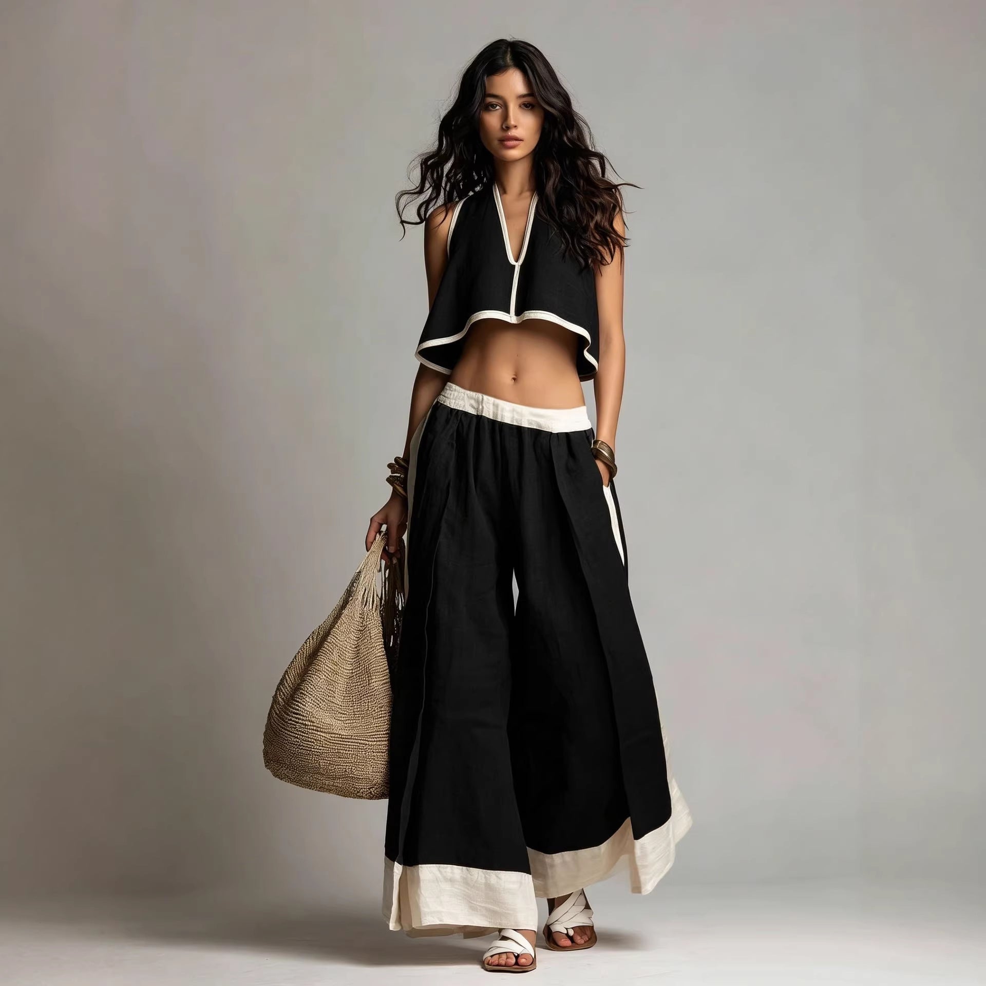 Conjunto de Dos Piezas sin Mangas con Escote en V – Outfit Casual en Color Liso