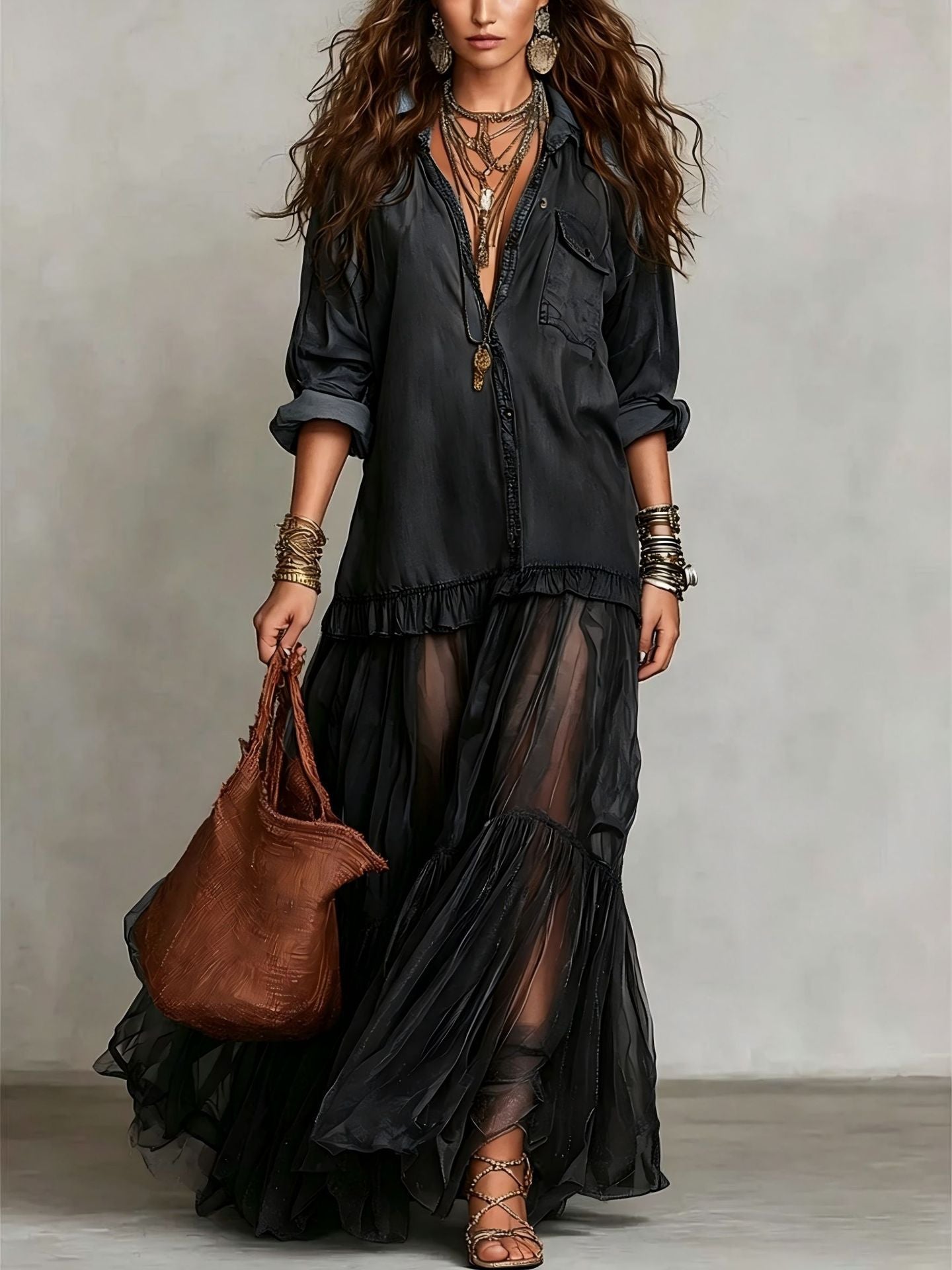 Vestido Maxi Casual con Solapa Retro, Parche de Denim y Organza
