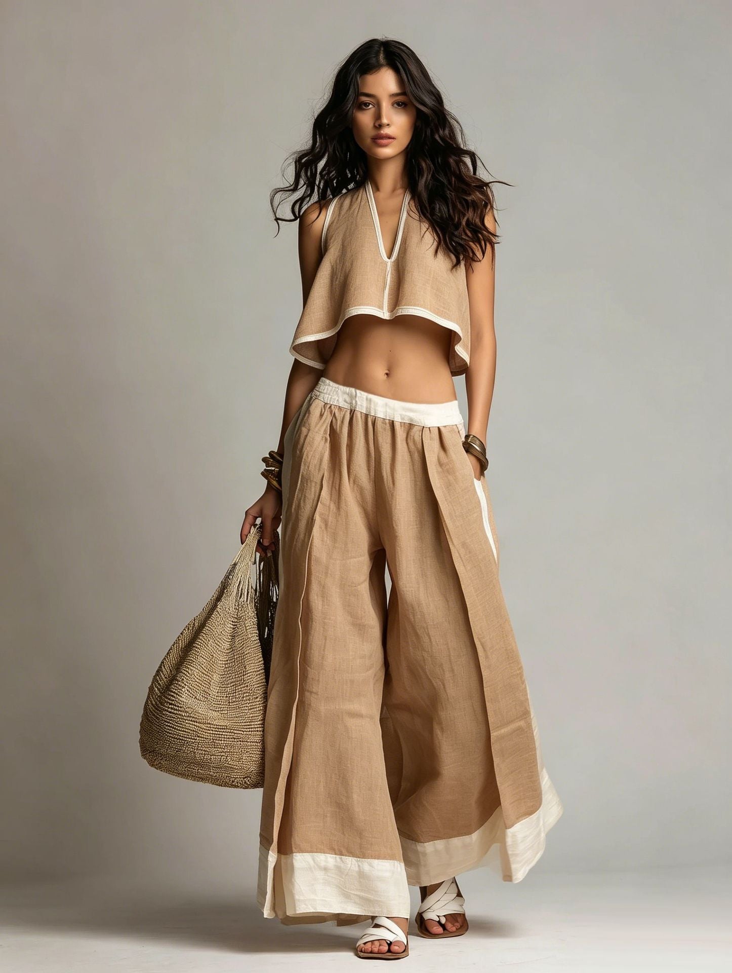 Conjunto de Dos Piezas sin Mangas con Escote en V – Outfit Casual en Color Liso
