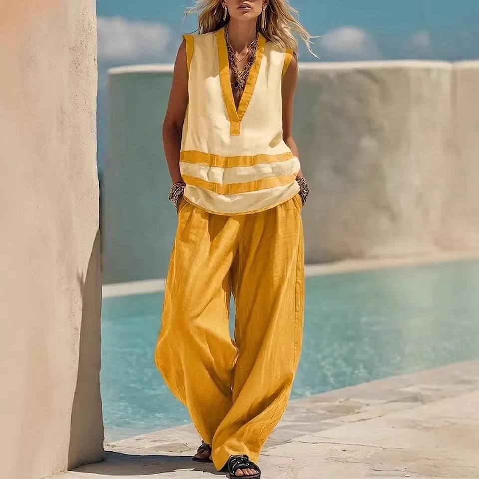 Conjunto de Dos Piezas Casual Holgado con Chaleco sin Mangas y Pantalón Ancho para Mujer
