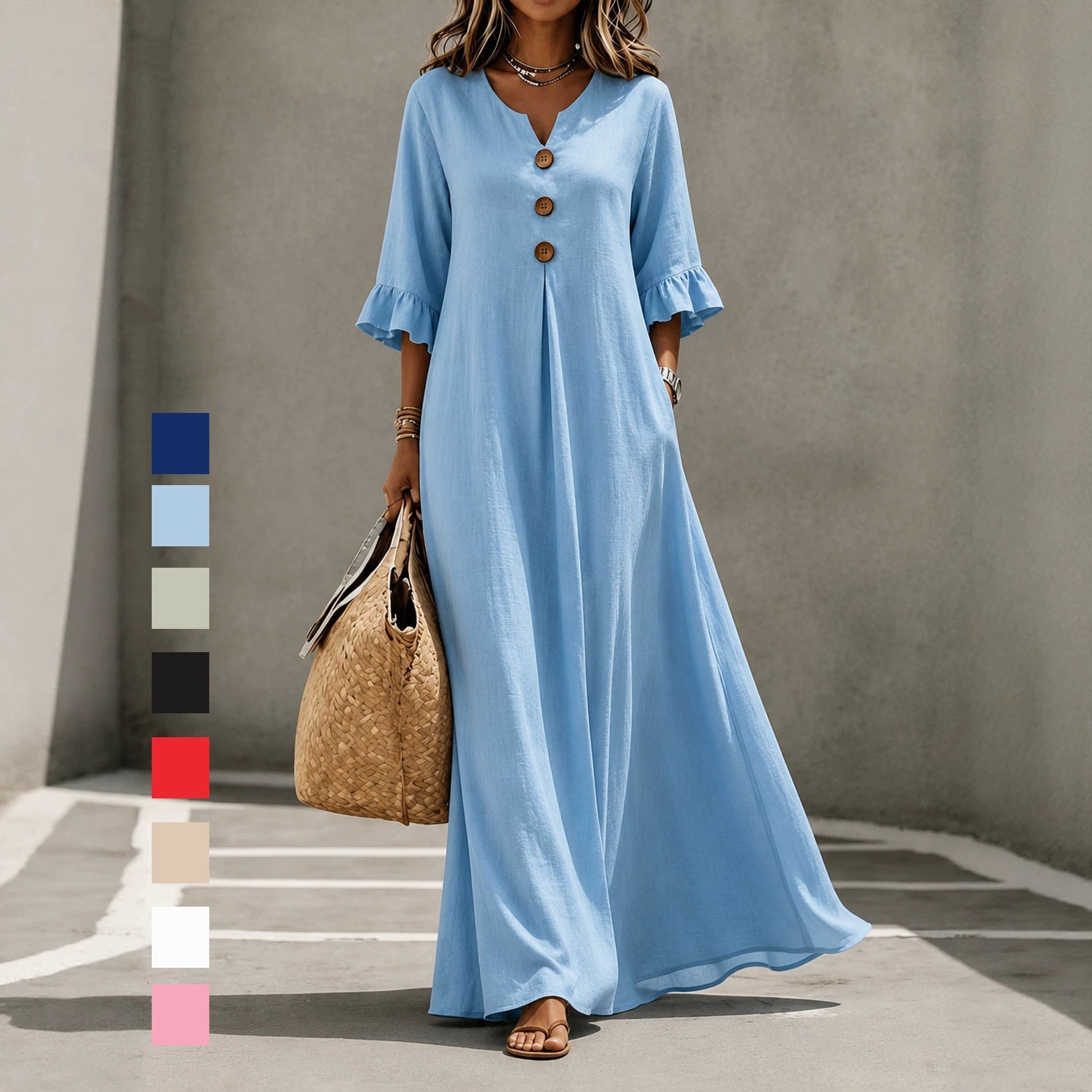 Vestido Maxi de Lino con Escote en V y Mangas con Volantes
