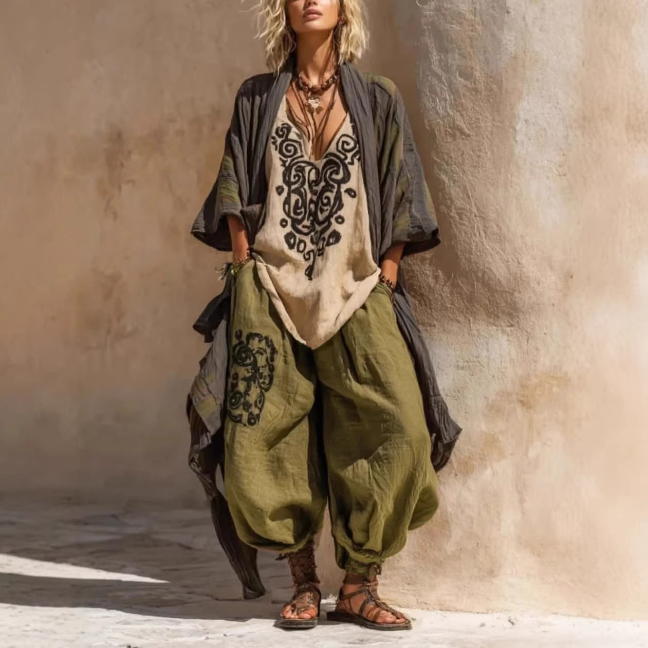 Conjunto de Tres Piezas con Estampado Artístico Boho Nómada