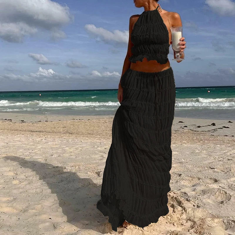 Conjunto de 2 piezas sexy bohemio para mujer, sin espalda, para playa y vacaciones, estilo vintage, top halter fruncido + falda larga maxi para fiesta