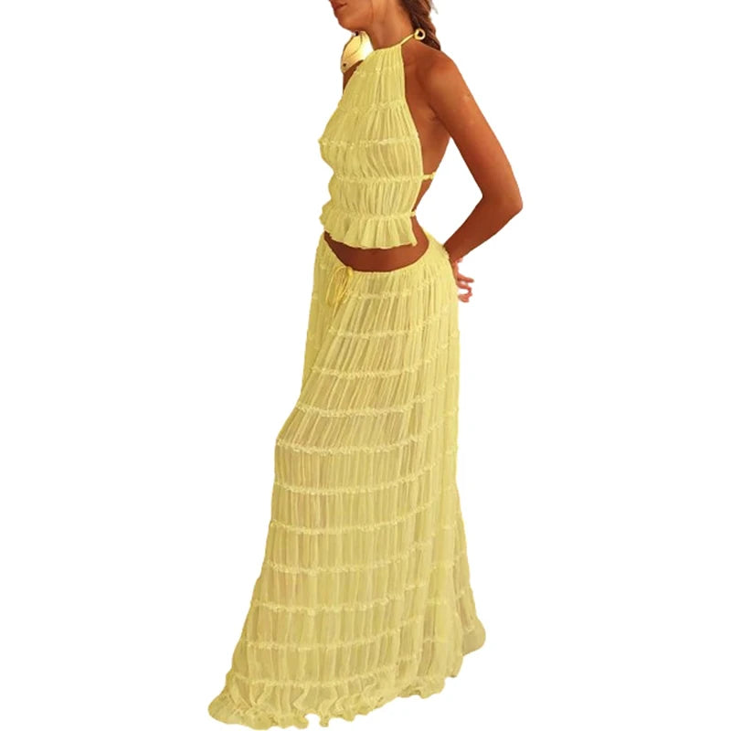 Conjunto de 2 piezas sexy bohemio para mujer, sin espalda, para playa y vacaciones, estilo vintage, top halter fruncido + falda larga maxi para fiesta