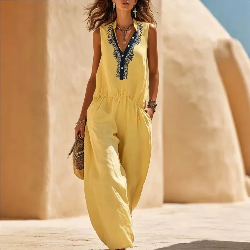 Mono sin mangas con cuello en V y botones para mujer, mono holgado con bolsillos, cintura elástica, pierna ancha