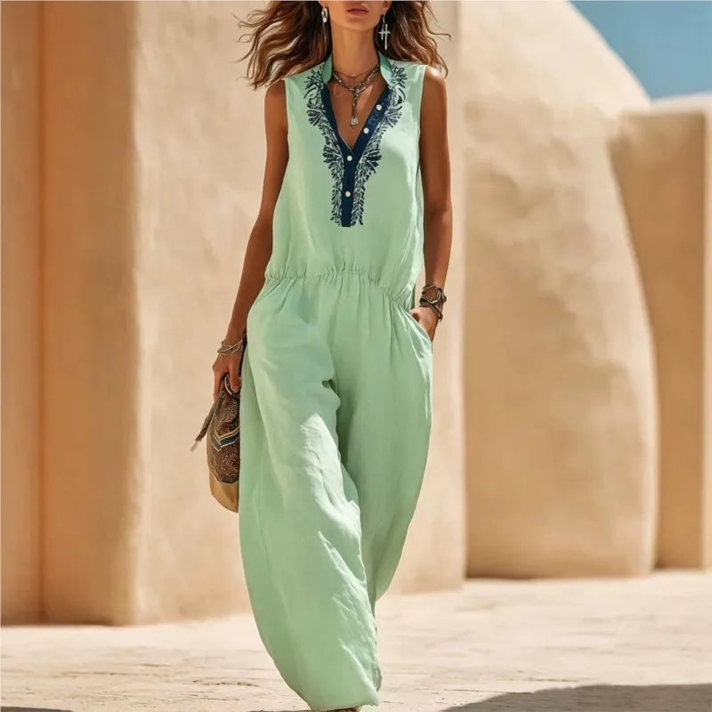 Mono sin mangas con cuello en V y botones para mujer, mono holgado con bolsillos, cintura elástica, pierna ancha
