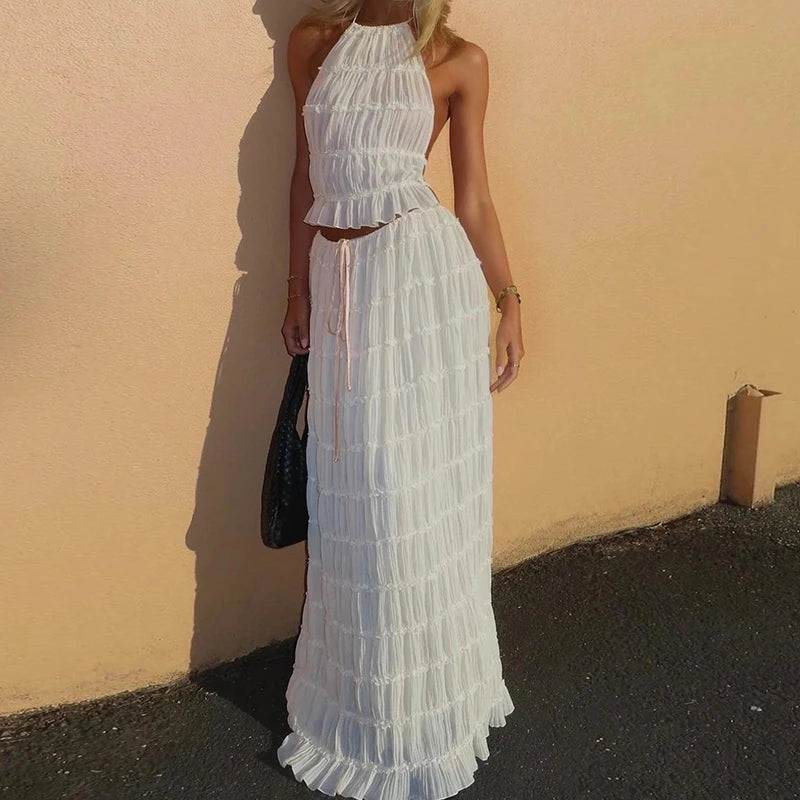Conjunto de 2 piezas sexy bohemio para mujer, sin espalda, para playa y vacaciones, estilo vintage, top halter fruncido + falda larga maxi para fiesta