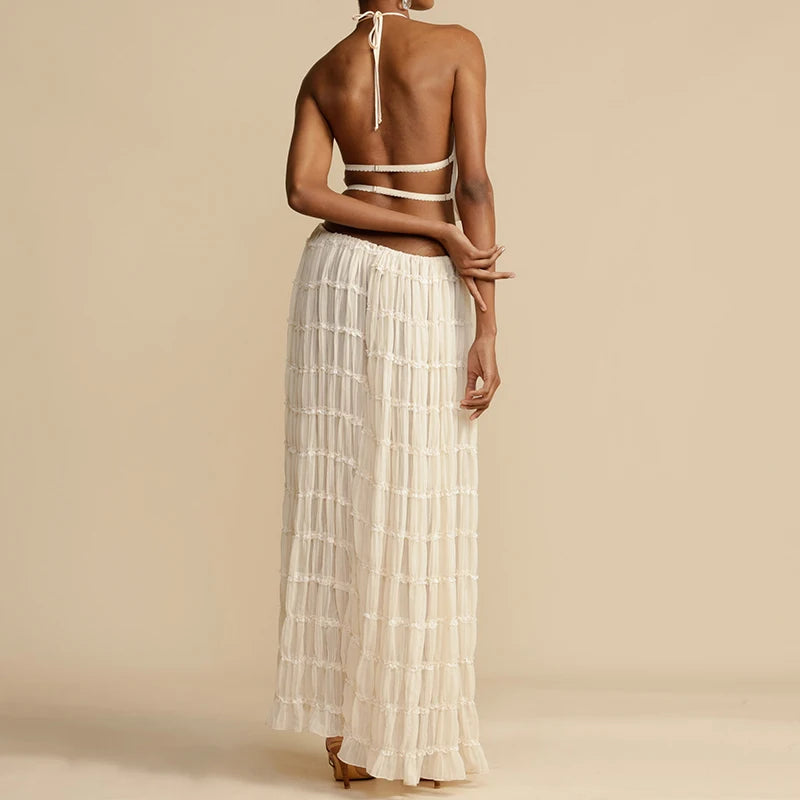 Conjunto de 2 piezas sexy bohemio para mujer, sin espalda, para playa y vacaciones, estilo vintage, top halter fruncido + falda larga maxi para fiesta