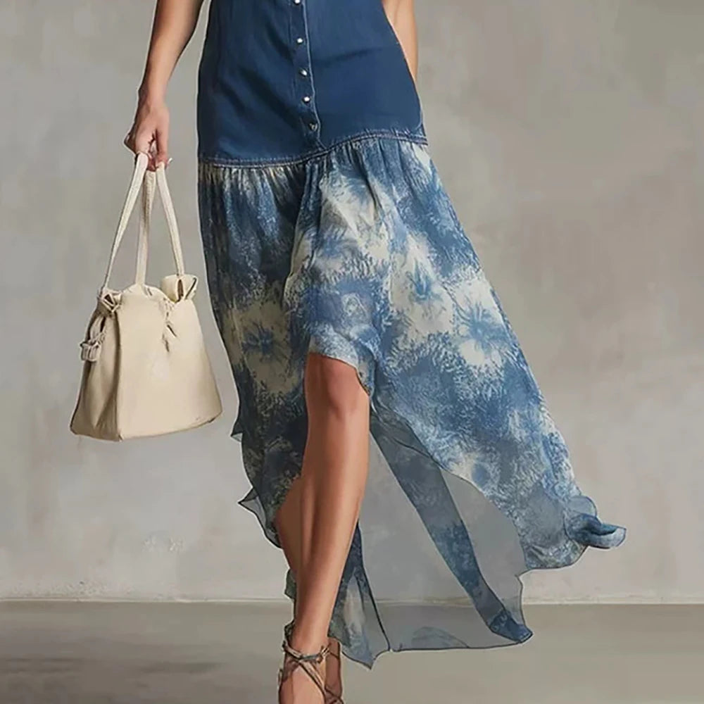 Vestido Maxi de Gasa con Estampado de Mezclilla Estilo Boho para Mujer, Sin Mangas, Cuello en V, Botones al Frente