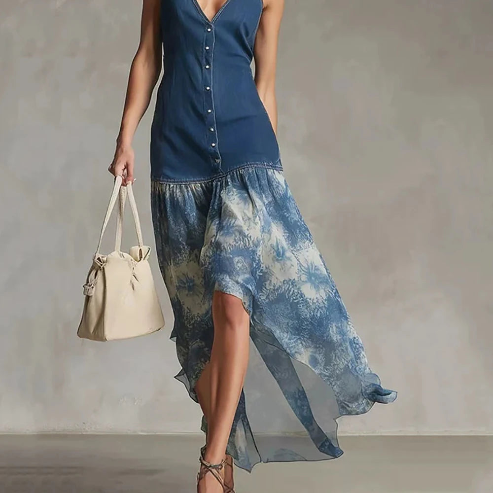 Vestido Maxi de Gasa con Estampado de Mezclilla Estilo Boho para Mujer, Sin Mangas, Cuello en V, Botones al Frente
