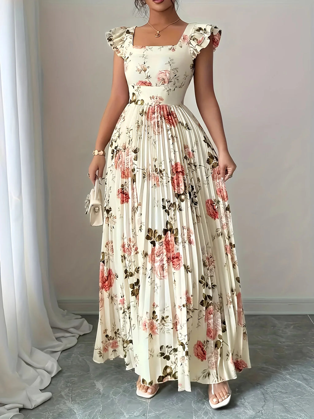 Elegante vestido midi plisado floral beige con cuello cuadrado