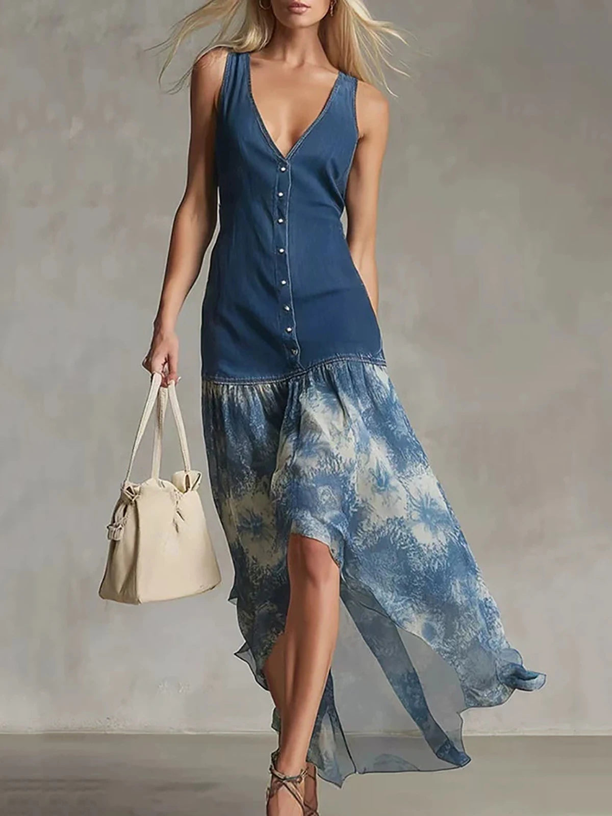 Vestido Maxi de Gasa con Estampado de Mezclilla Estilo Boho para Mujer, Sin Mangas, Cuello en V, Botones al Frente