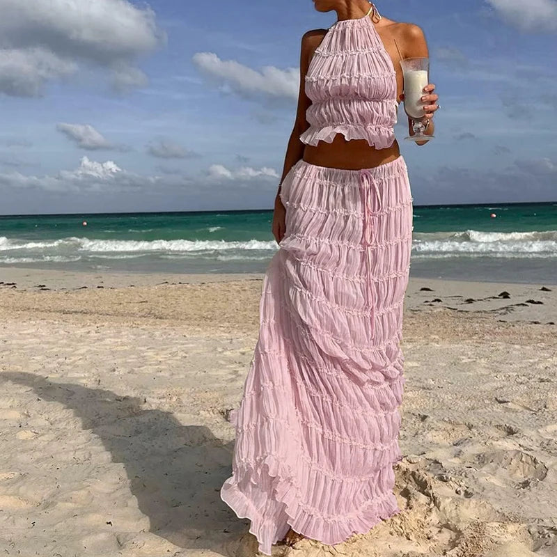 Conjunto de 2 piezas sexy bohemio para mujer, sin espalda, para playa y vacaciones, estilo vintage, top halter fruncido + falda larga maxi para fiesta