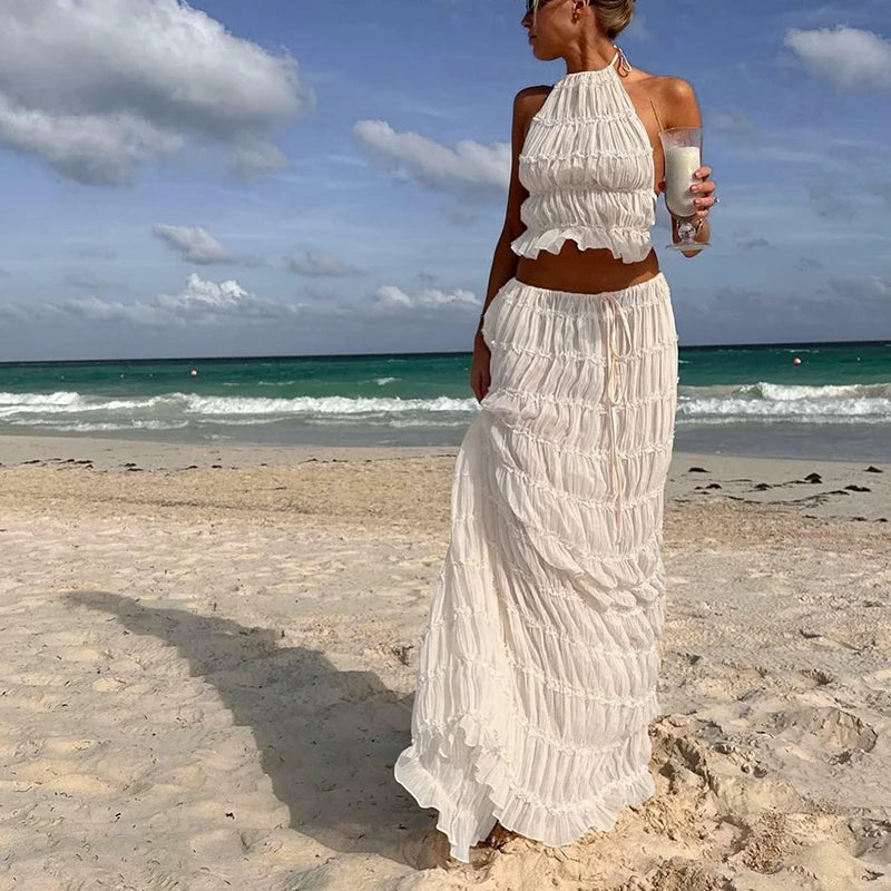 Conjunto de 2 piezas sexy bohemio para mujer, sin espalda, para playa y vacaciones, estilo vintage, top halter fruncido + falda larga maxi para fiesta
