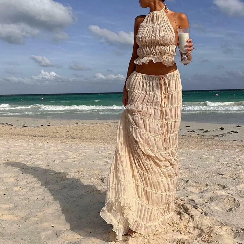 Conjunto de 2 piezas sexy bohemio para mujer, sin espalda, para playa y vacaciones, estilo vintage, top halter fruncido + falda larga maxi para fiesta