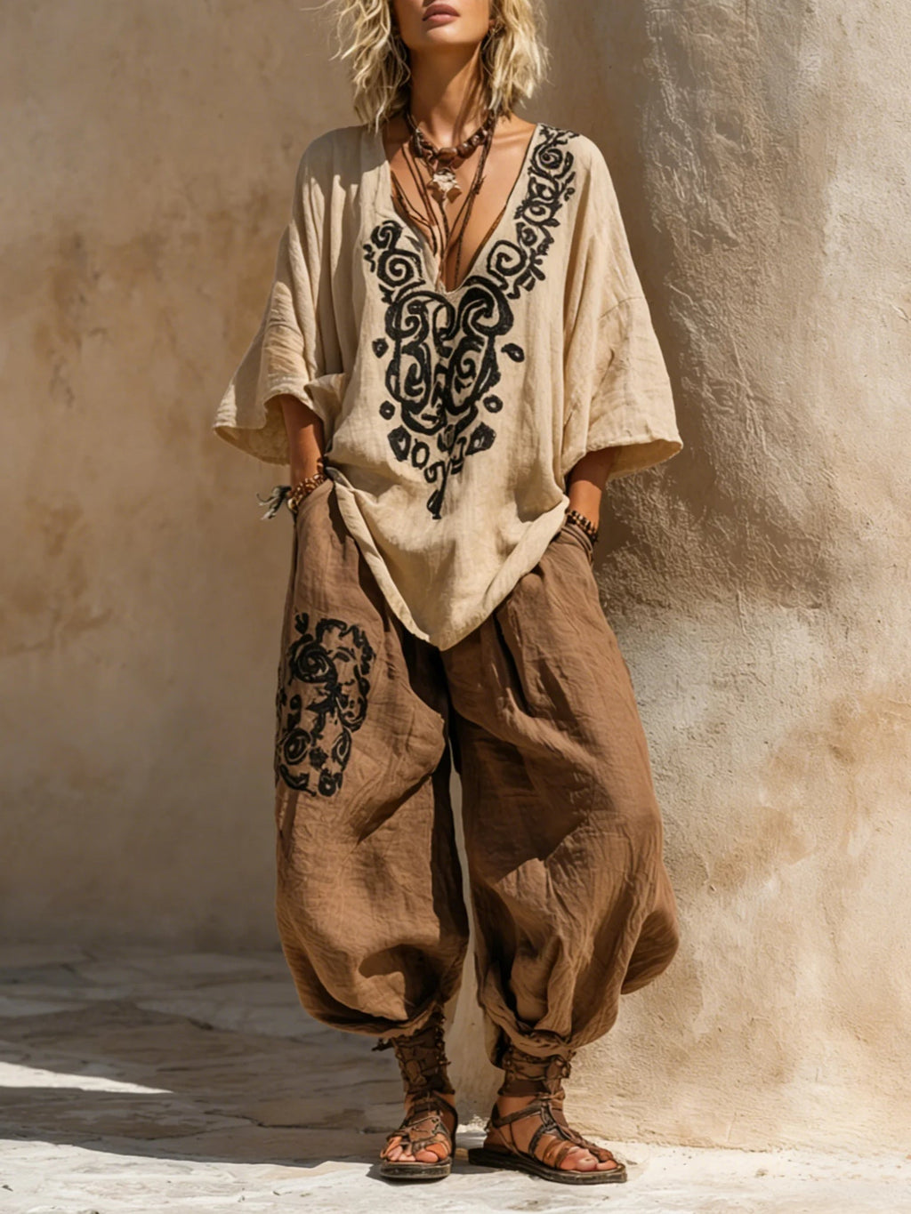 Conjunto de Tres Piezas con Estampado Artístico Bohemio Nómada