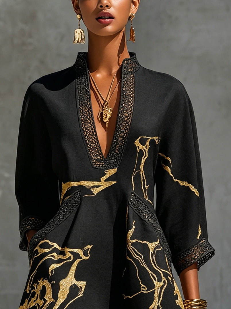 Donatella | Minivestido negro con estampado mármol dorado y encaje crochet